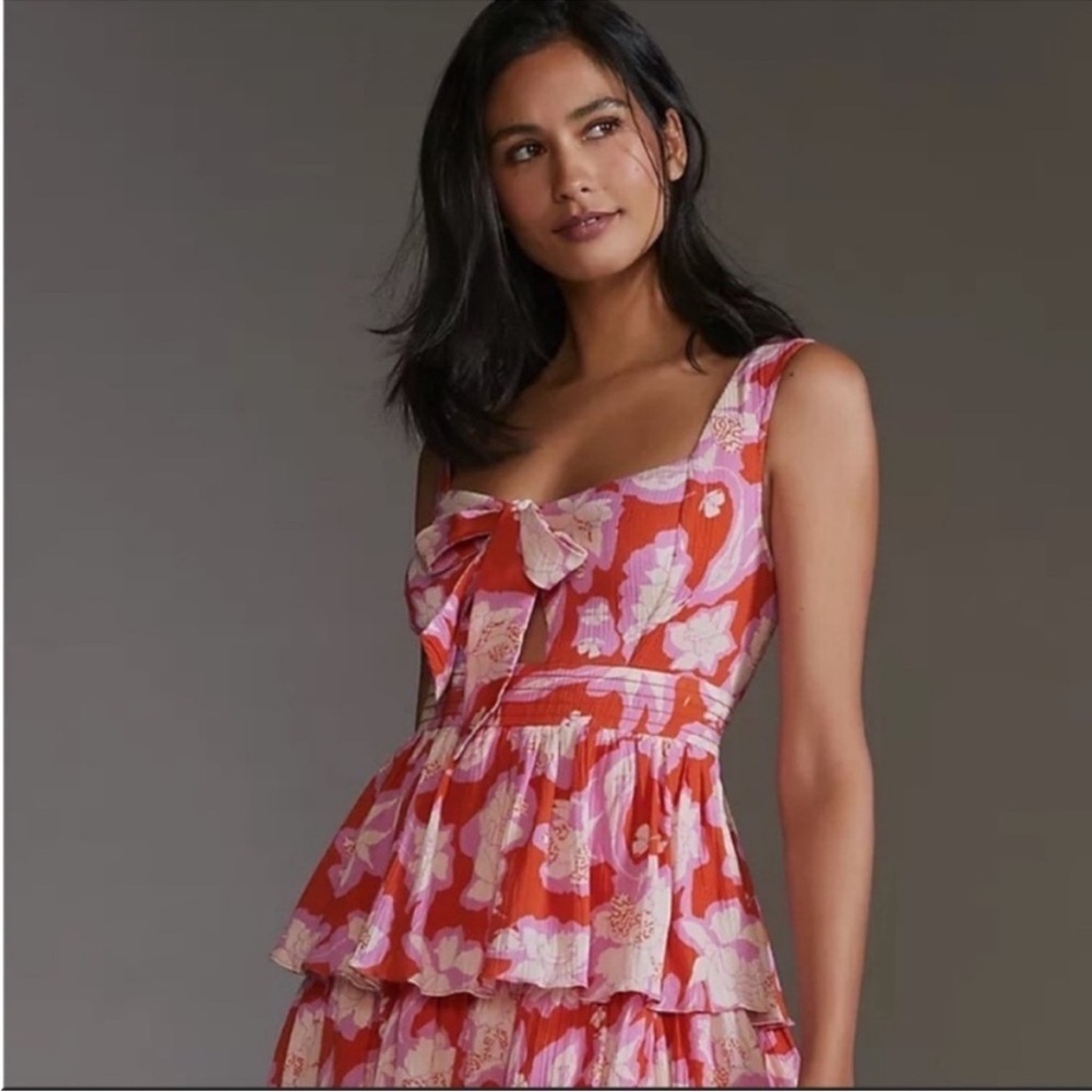 Anthropologie Vineet Bahl Red Floral Tiered Ruffle Cutout Maxi Dress 14 NWT - Picture 8 of 10